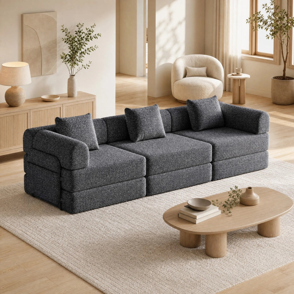 DIVANO LETTO Singolo in Chenille Grigio con vano nel bracciolo