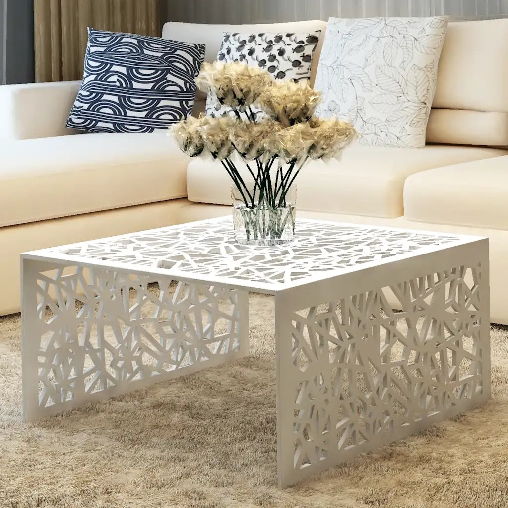 Tavolino con Design Geometrico Traforato-Tavolino da soggiorno-Tavolo Argento in Alluminio