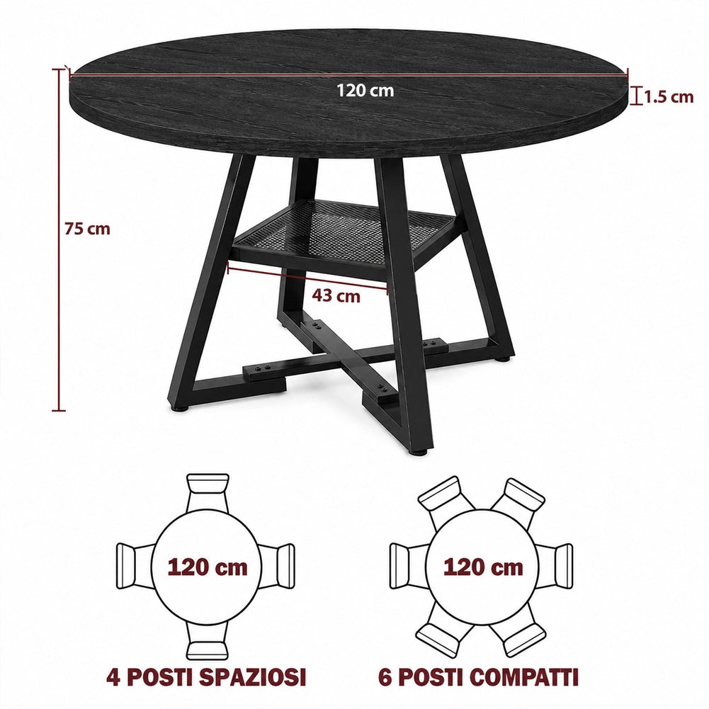 Tavolo per Sala da Pranzo Tondo Nero con Ripiano Portaoggetti 120x120x76cm
