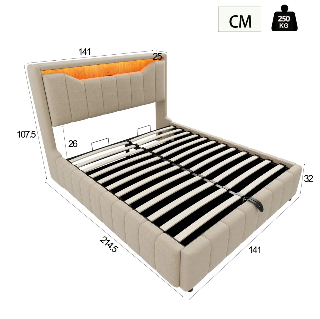 Letto imbottito contenitore 140 x 200 cm beige con LED, porte USB e USB-C