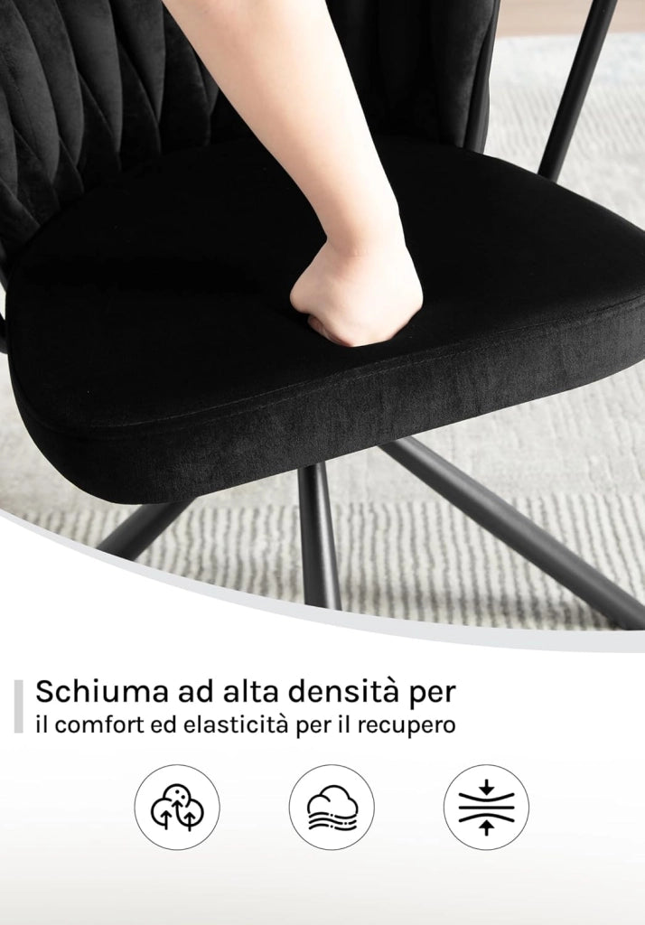 Sedia da Pranzo Girevole Set di 2, Poltrona Imbottita con Schienale Intrecciato e Gambe in Metallo, Sedia Scandinava, Velluto,Nero EZS72sz-2