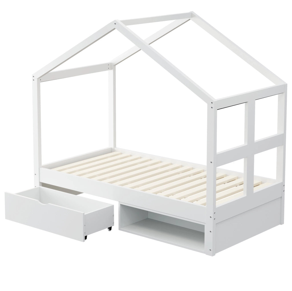 Letto singolo a casetta 90x190 cm con cassetto; scarpiera compatta e LED multicolore; bianco