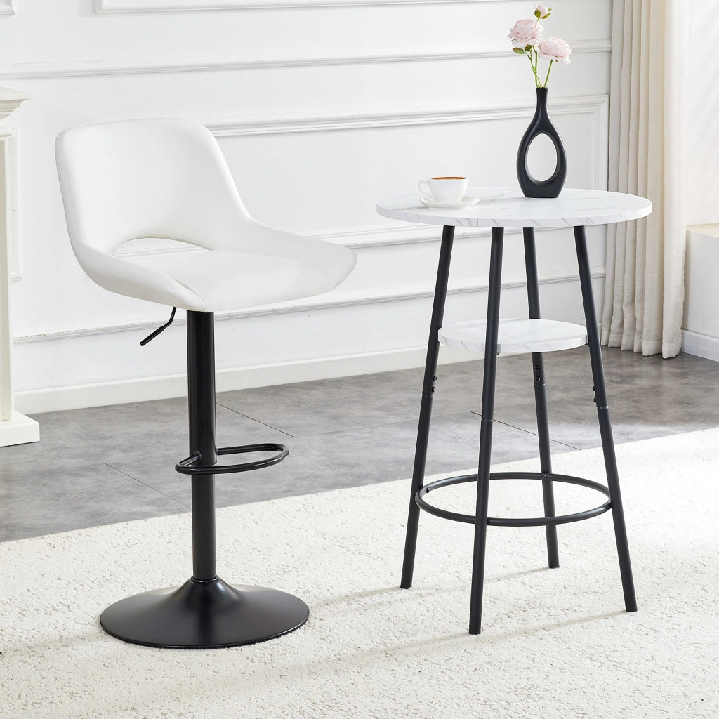 Tavolo da bar con doppio ripiano, effetto marmo bianco e struttura in metallo nero, per cucina e soggiorno, 60 × 89 cm