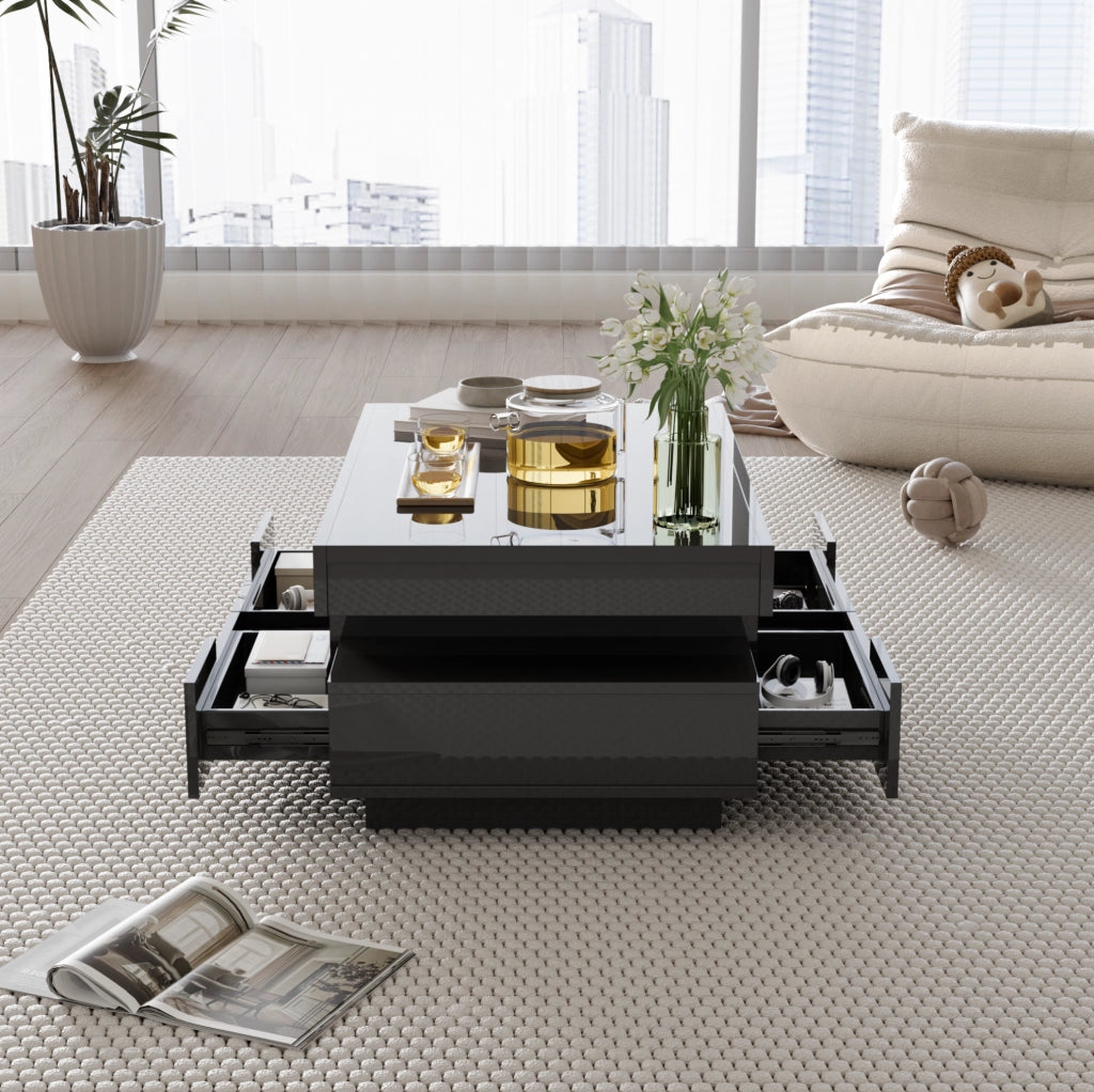 Tavolino da caffè lucido nero 80x50x36 cm con LED; 3 vani aperti e 4 cassetti