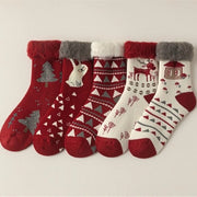 5 paia di calze da Natale nuove, casa di renna cartone calze da donna fino alle ginocchia, calze di lana spessa rosse