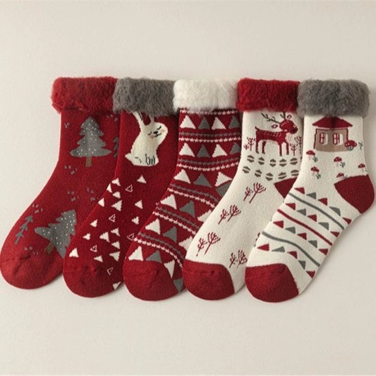 5 paia di calze da Natale nuove, casa di renna cartone calze da donna fino alle ginocchia, calze di lana spessa rosse