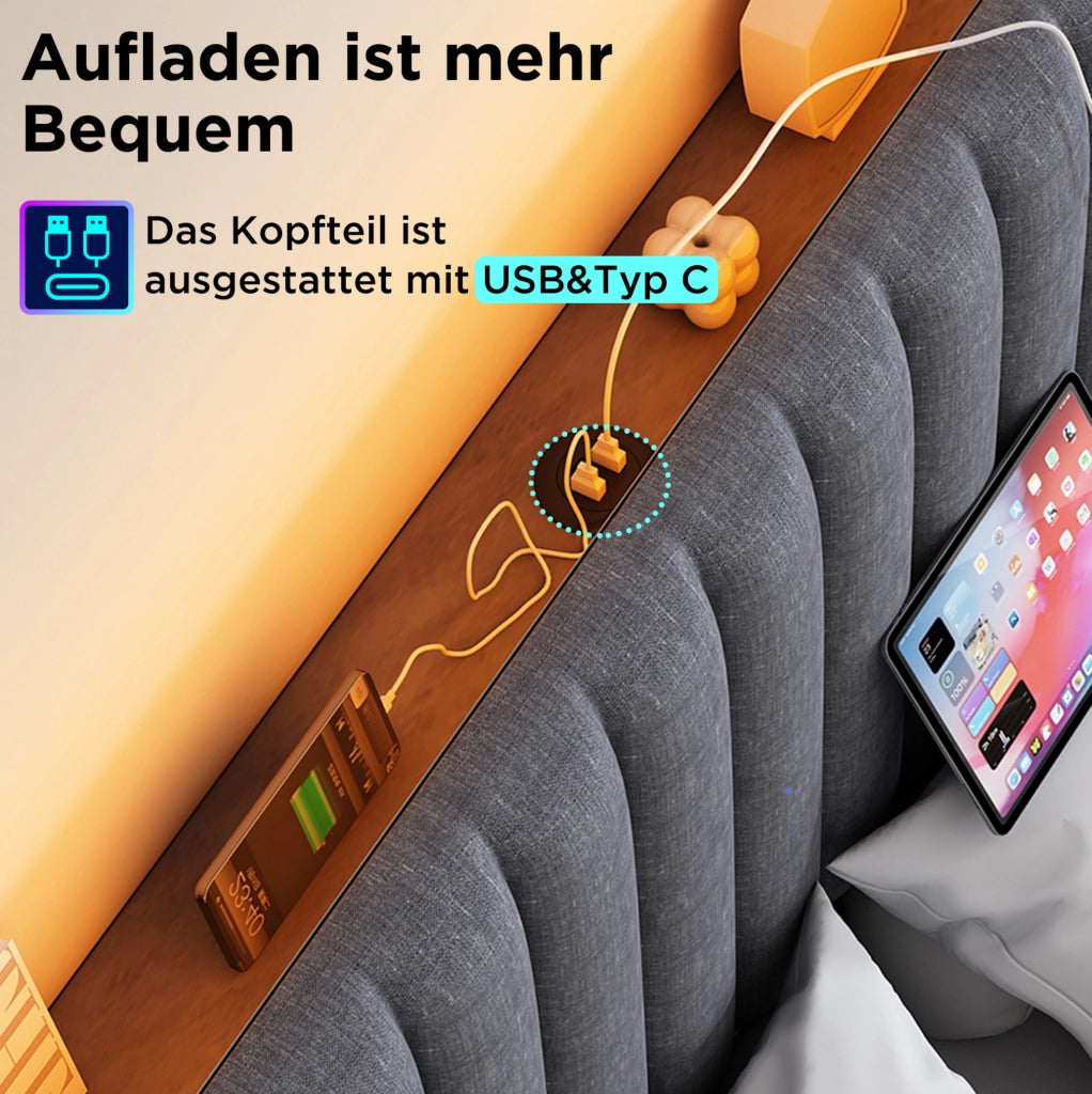 Letto matrimoniale 160x200 cm con LED, USB-C e contenitore
