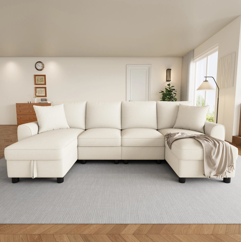 Divano a U in ciniglia beige con vano contenitore, 280 cm