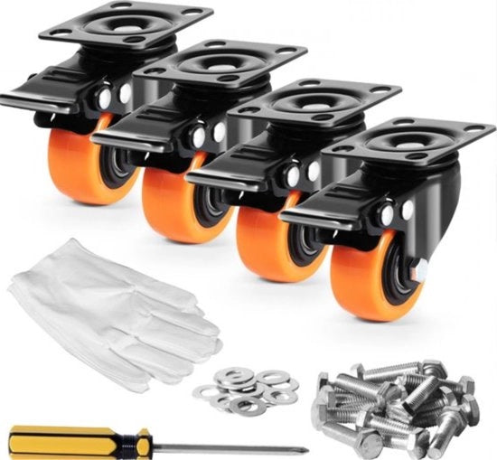 Set di 4 Ruote di Rotolamento Professionali - Blocco Doppio - Ruote di Rotolamento in PVC - 18,5 cm di Altezza - Incluso Materiale di Montaggio