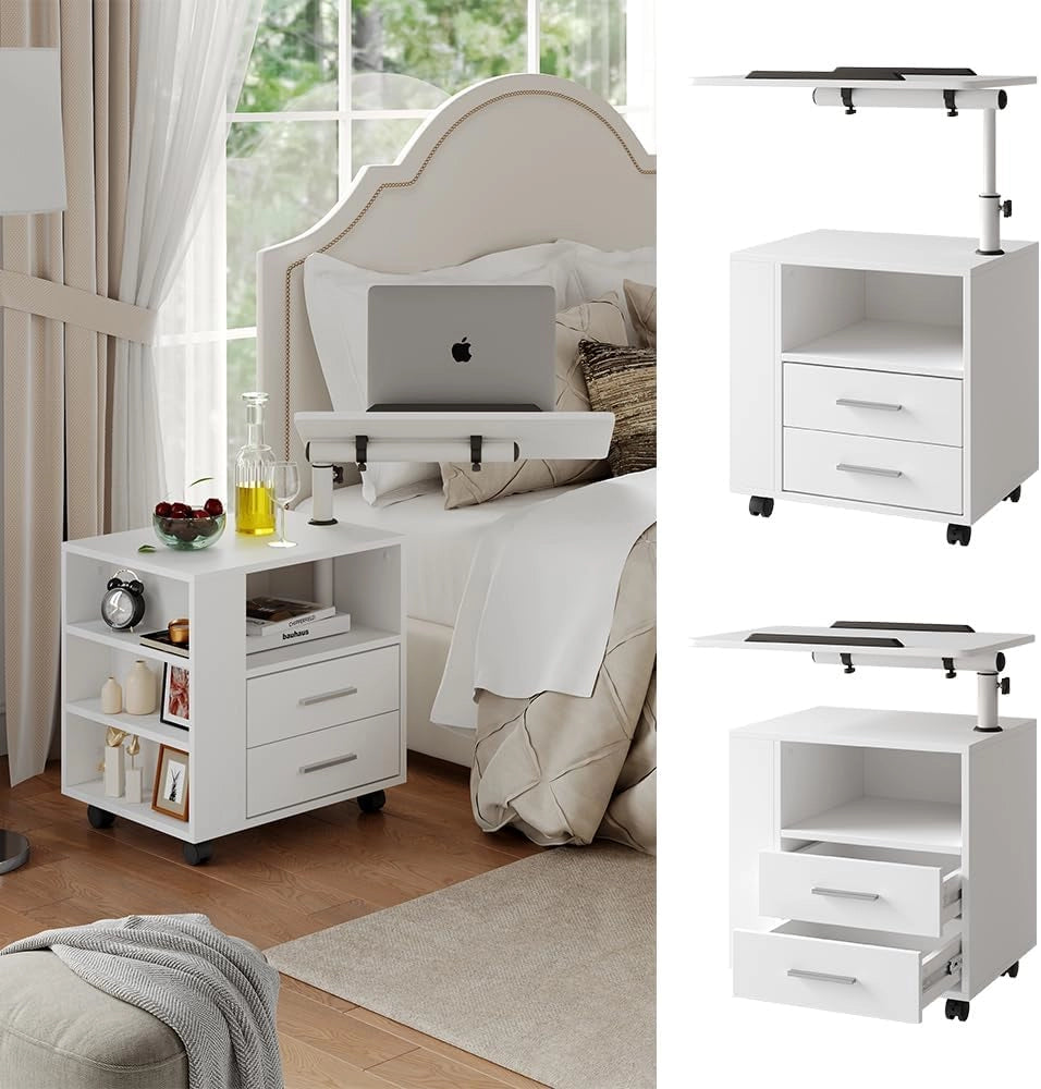 Comodino Bora, Bianco, 60 x 69 cm con 2 cassetti, con piano di lavoro girevole e ruote per un utilizzo flessibile