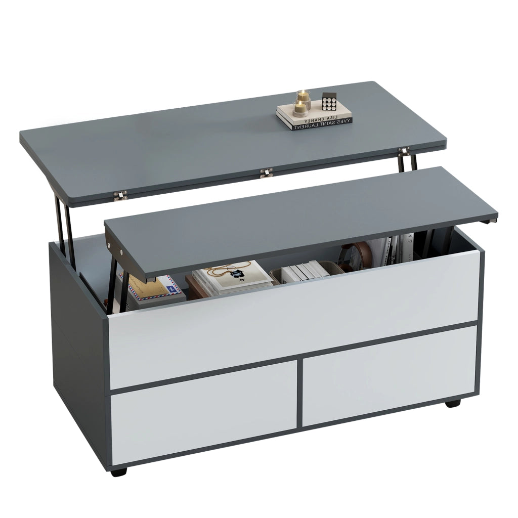 Tavolino da salotto elevabile con contenitore e ruote 100 x 98 x 65 cm; grigio e bianco