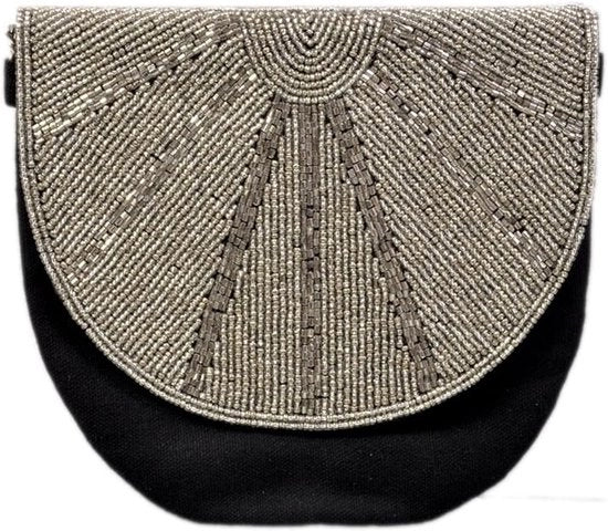 Borsa da sera etnica indiana per donna designer in pelle nera con chiusura magnetica, Nero, 18x16x2 cm