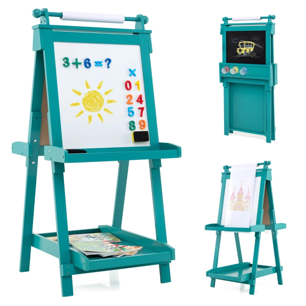 Cavalletto per bambini 3 in 1 cavalletto artistico con lavagna bifacciale-Rotolo di carta vassoi portaoggetti e 3 bicchieri per pittura Verde