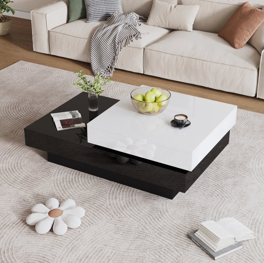 Tavolino da salotto 103x60x35.5 cm girevole a due livelli in truciolare bianco e nero