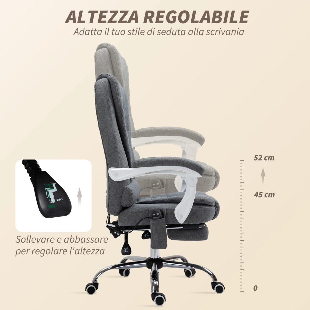 Poltrona da Ufficio con Telecomando e 6 Punti di Massaggio. in Tessuto misto velluto e lino. 67x79x111-121 cm. Grigio