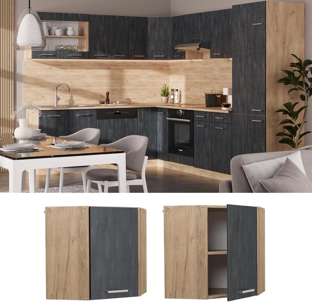 Mobile angolare da cucina R-Line, Calcestruzzo nero, 57 cm, per la libera combinazione all'interno di sistemi cucina modulari