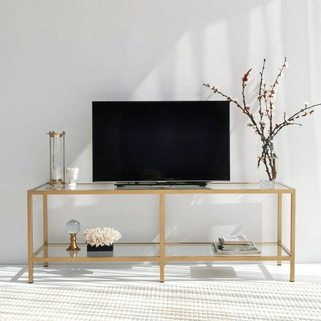 Mobile porta TV Donata, Credenza da soggiorno, Armadio basso per TV, Base parete attrezzata, 130x40h45 cm, Oro