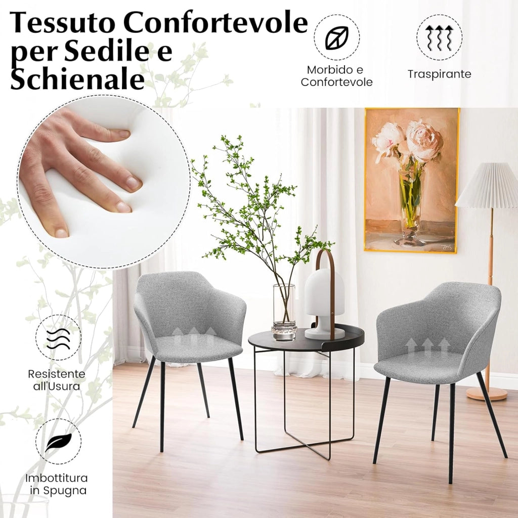 Set di 2 Sedie da Pranzo, Sedia da Pranzo Imbottita con Schienale Ergonomico, Ampi Braccioli, Sedie Moderne ed Eleganti per Soggiorno, Sala da Pranzo e Cucina, Portata 150 kg (Grigio chiaro)