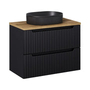 Insieme VANO 80cm: mobile sotto lavabo con cassetti + piano per lavabo effetto rovere chiaro + lavabo da appoggio scanalato nero opaco