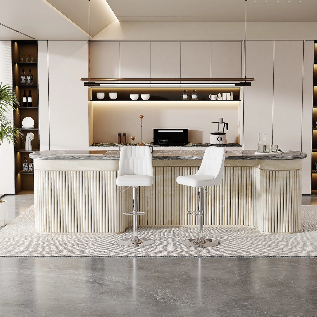 Sgabello da bar set da 2 girevole a 360° regolabile in altezza con schienale in pu e base in metallo bianco e argento
