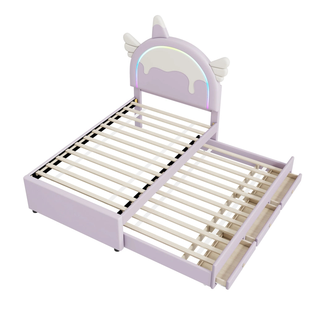 Letto per bambini 90x200 cm con letto estraibile e cassetti; PU e MDF; viola