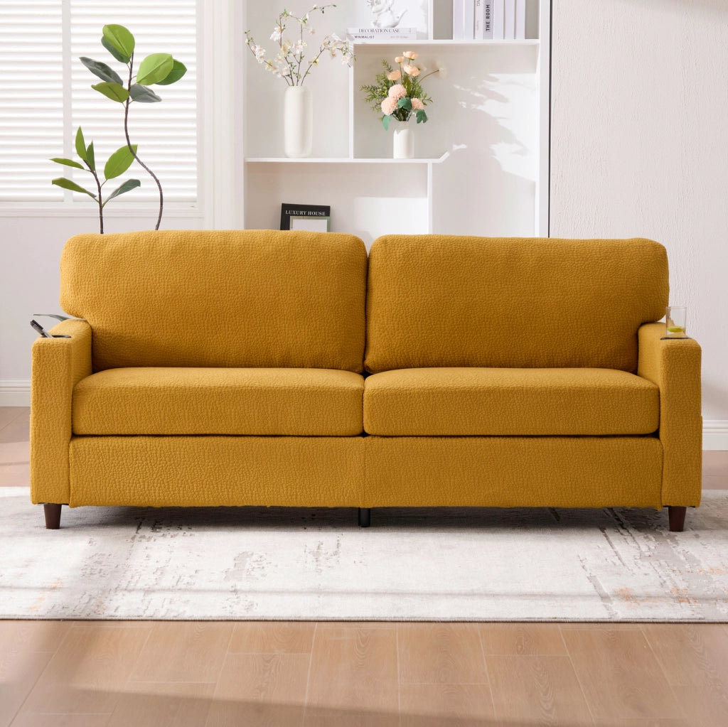 Divano a 2 posti 203x77.5x86 cm con USB-C; LED e portabicchieri in chenille giallo senape