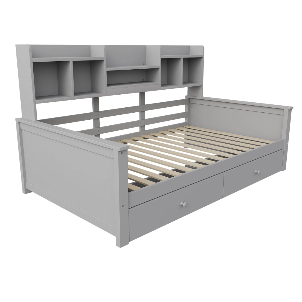 Letto con cassetti 90 × 200 cm con ripiani laterali e rete a doghe in legno