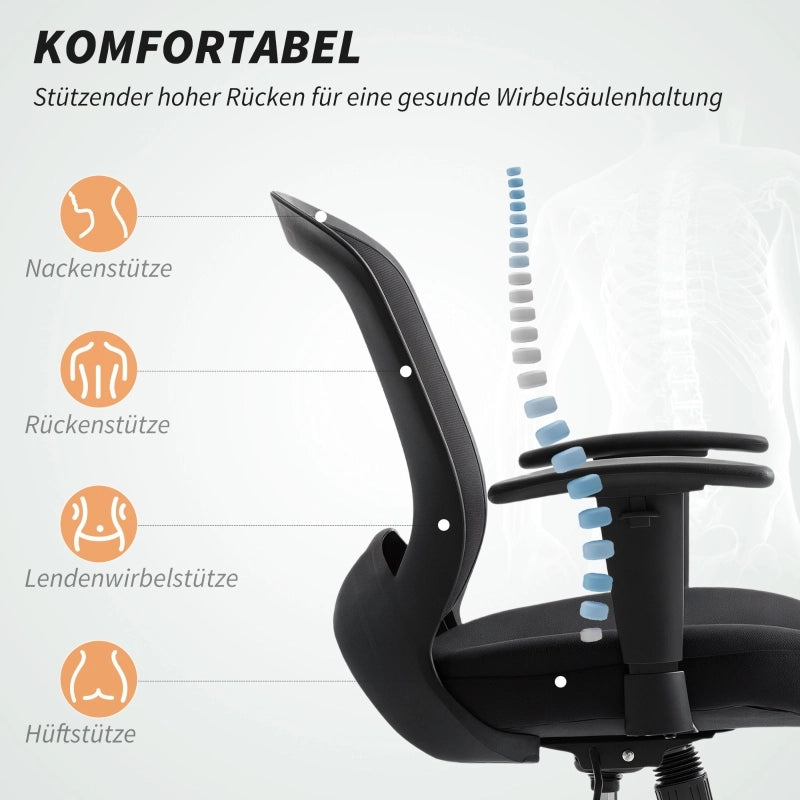 Sedia da ufficio ergonomica con schienale in rete, funzione oscillante e braccioli regolabili in plastica nera