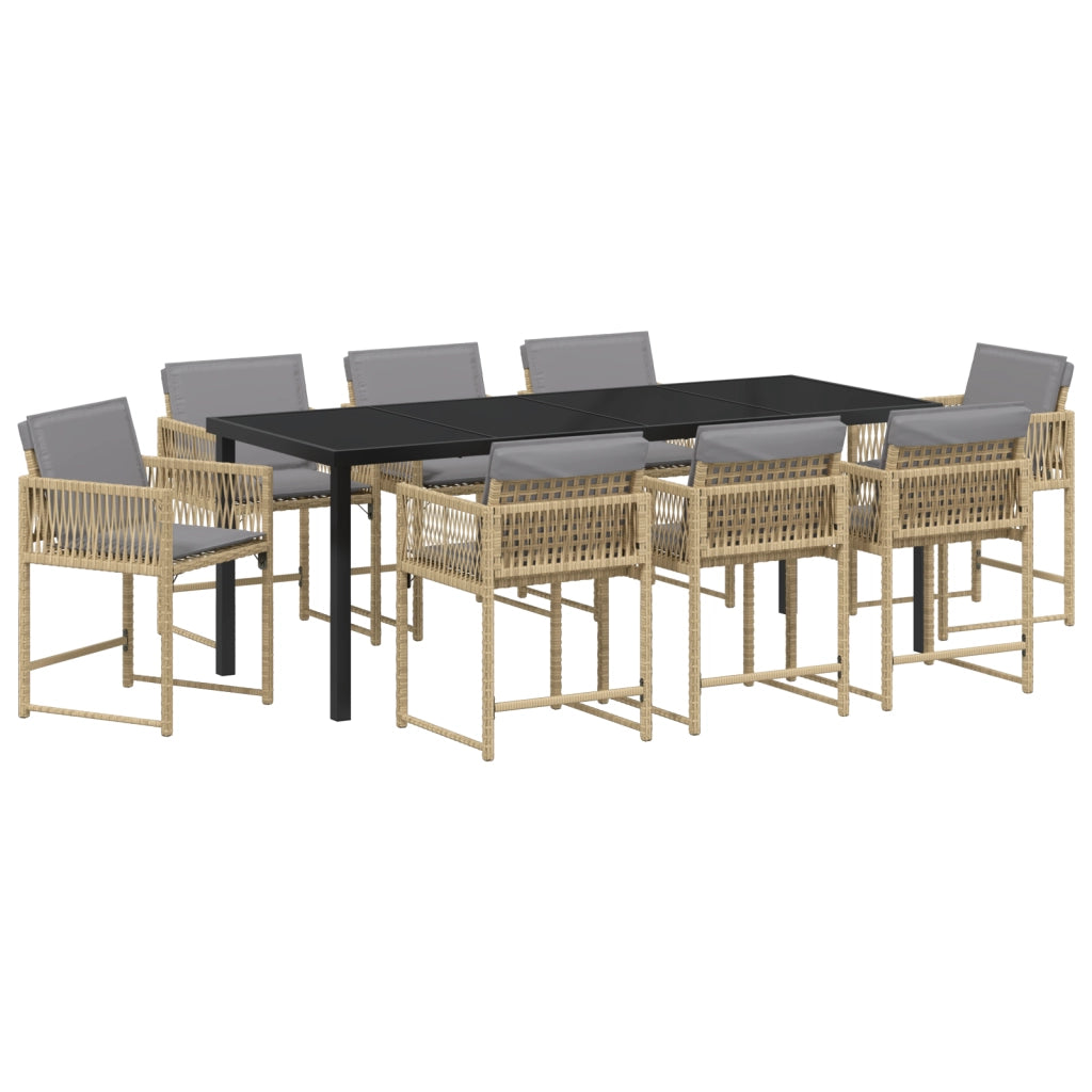Set da Pranzo da Giardino da 9 Pezzi con Cuscini Beige Polyrattan