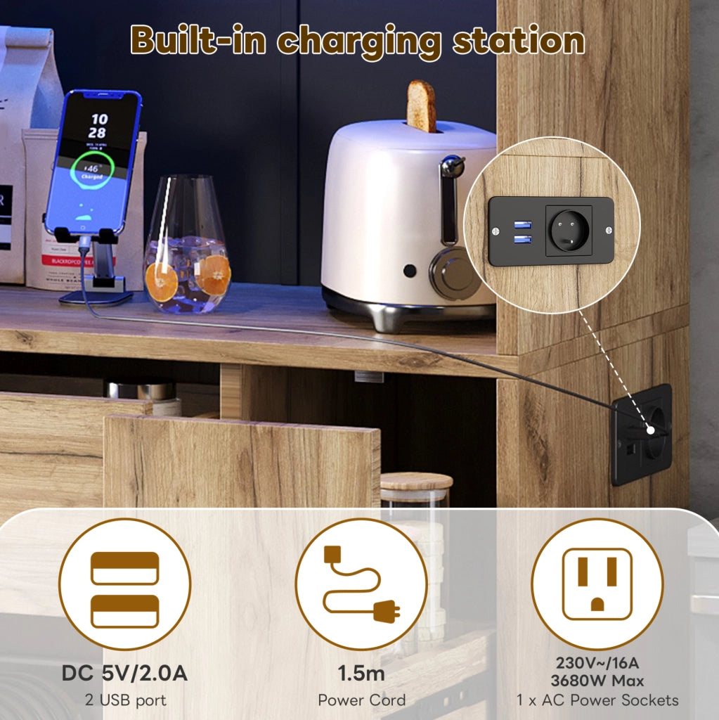 Mobile buffet da cucina con LED; presa integrata e ripiani regolabili 185 x 105 x 40 cm; nero e naturale