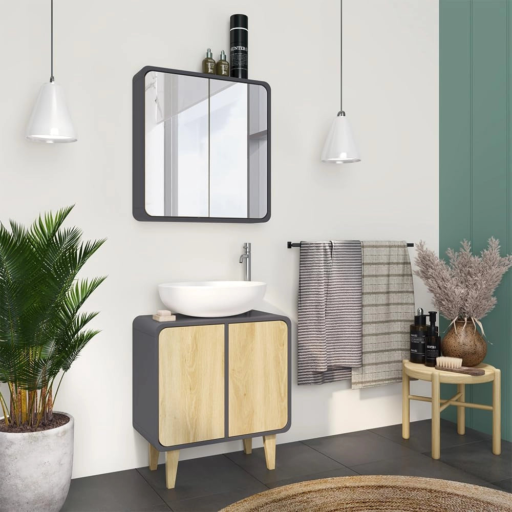 Set di mobili da bagno Arla, Antracite/quercia, 2 parti