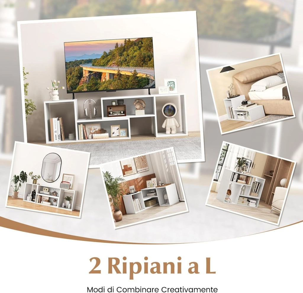 Mobile Porta TV Combinabile a 2 Pezzi, per TV Fino a 60'', Mobile TV a Angolo Soggiorno in Legno, con 4 Vani Aperti, Tavolo Media TV Multifunzionale, per Soggiorno, Camera da Letto (Bianco)