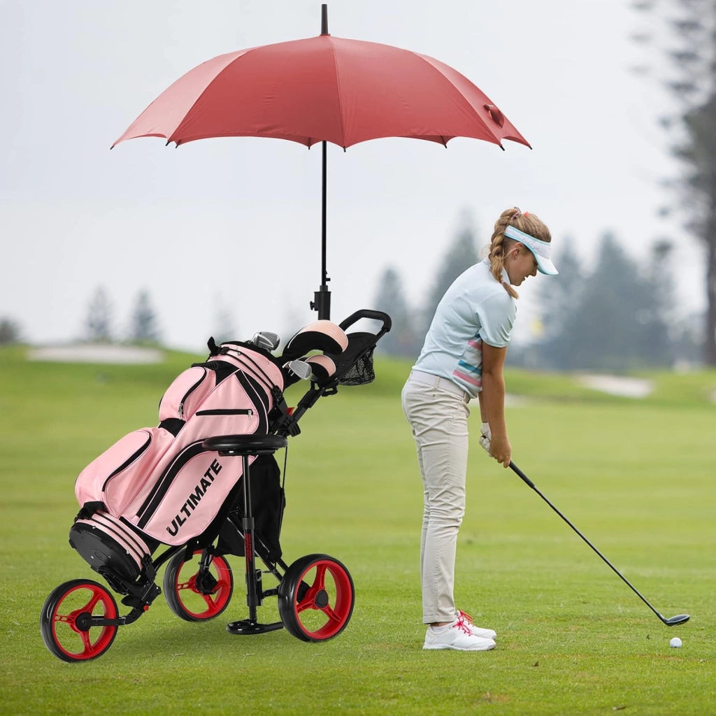 Carrello da Golf Pieghevole con 3 Ruote, Trolley da Golf Altezza Regolabile di Alluminio con Sedile, Porta Ombrello e Porta Bevande