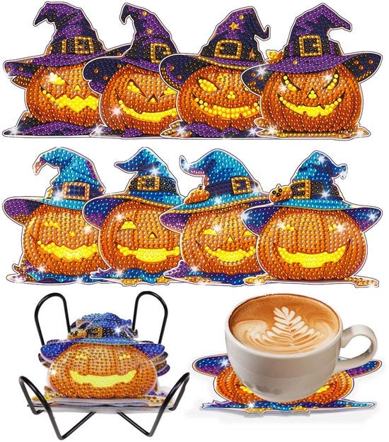 Set di 8 costole di diamante per piatti con holder, piatto di servizio con decorazione a diamanti a forma di melone, pittura a diamanti per bicchieri, bicchieri da vino, vasi e cucina, decorazione di Halloween per bambini