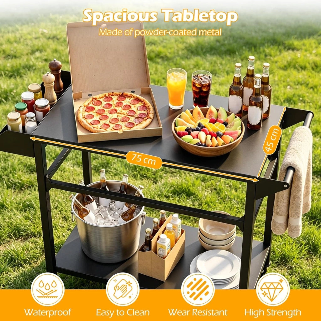 Carrello per Barbecue a 2 livelli, Carrello da Giardino con Porta Asciugamani e Scaffale per Spezie, Desserte da Esterno, 4 Rotelle, per Giardino e Terrazza, 100 x 45 x 80 cm, Nero