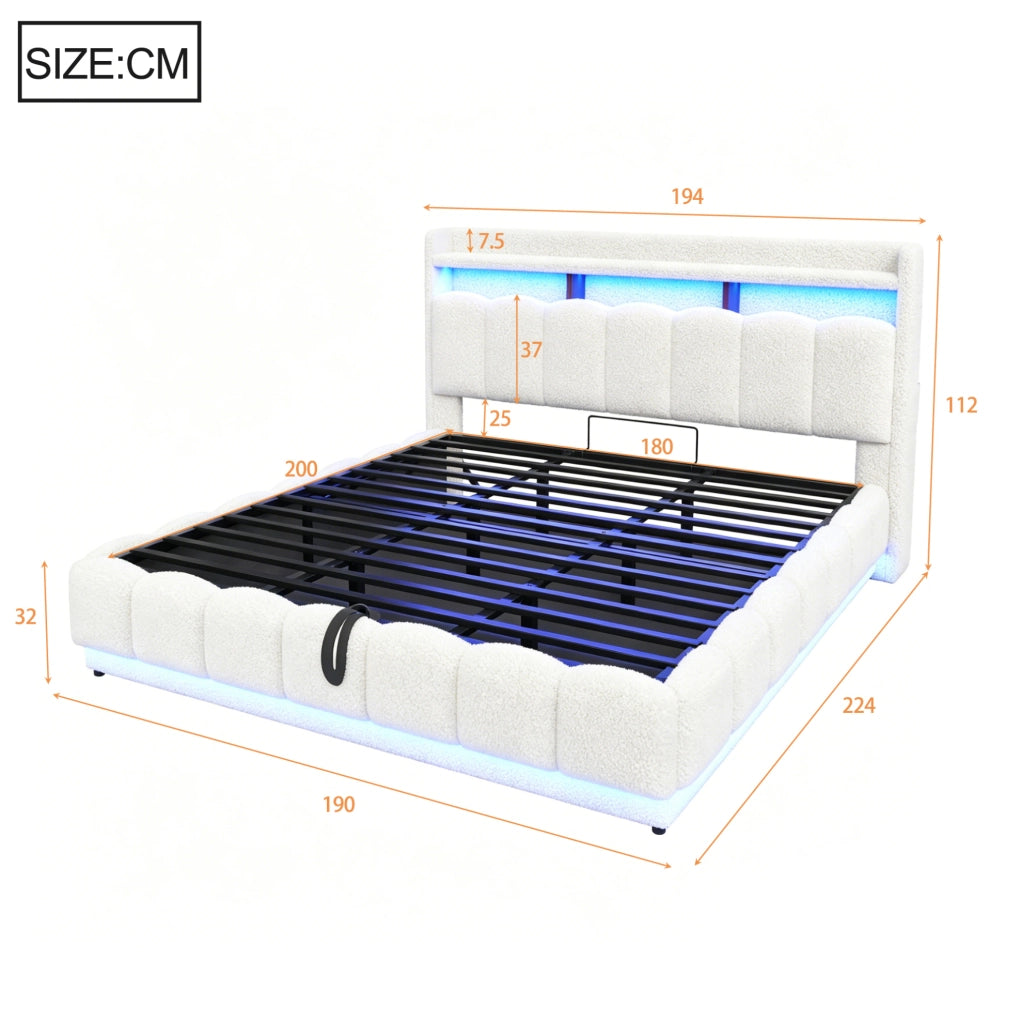 Letto imbottito 224x190x112 cm con LED; USB e contenitore in bouclé e metallo bianco