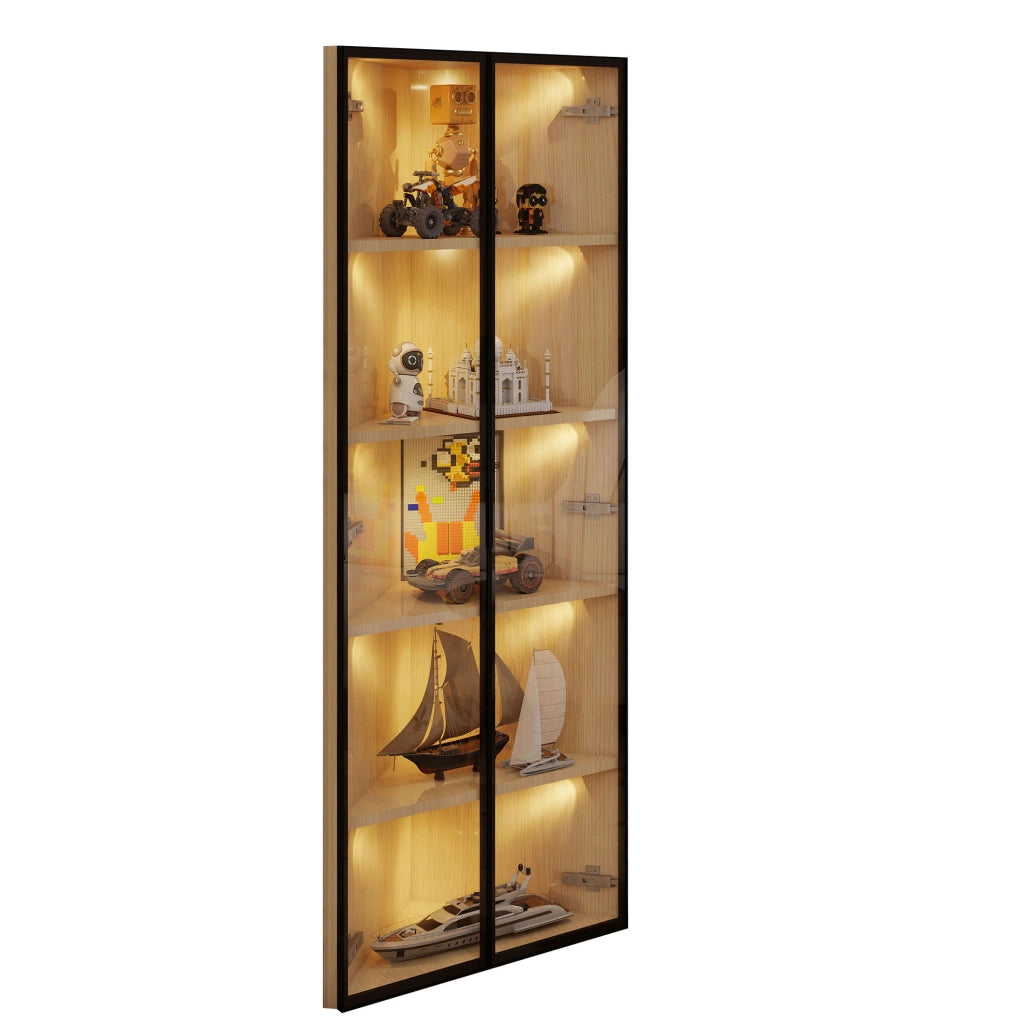 Vetrina angolare in MDF effetto rovere con LED e vetro temprato 62x35x160 cm