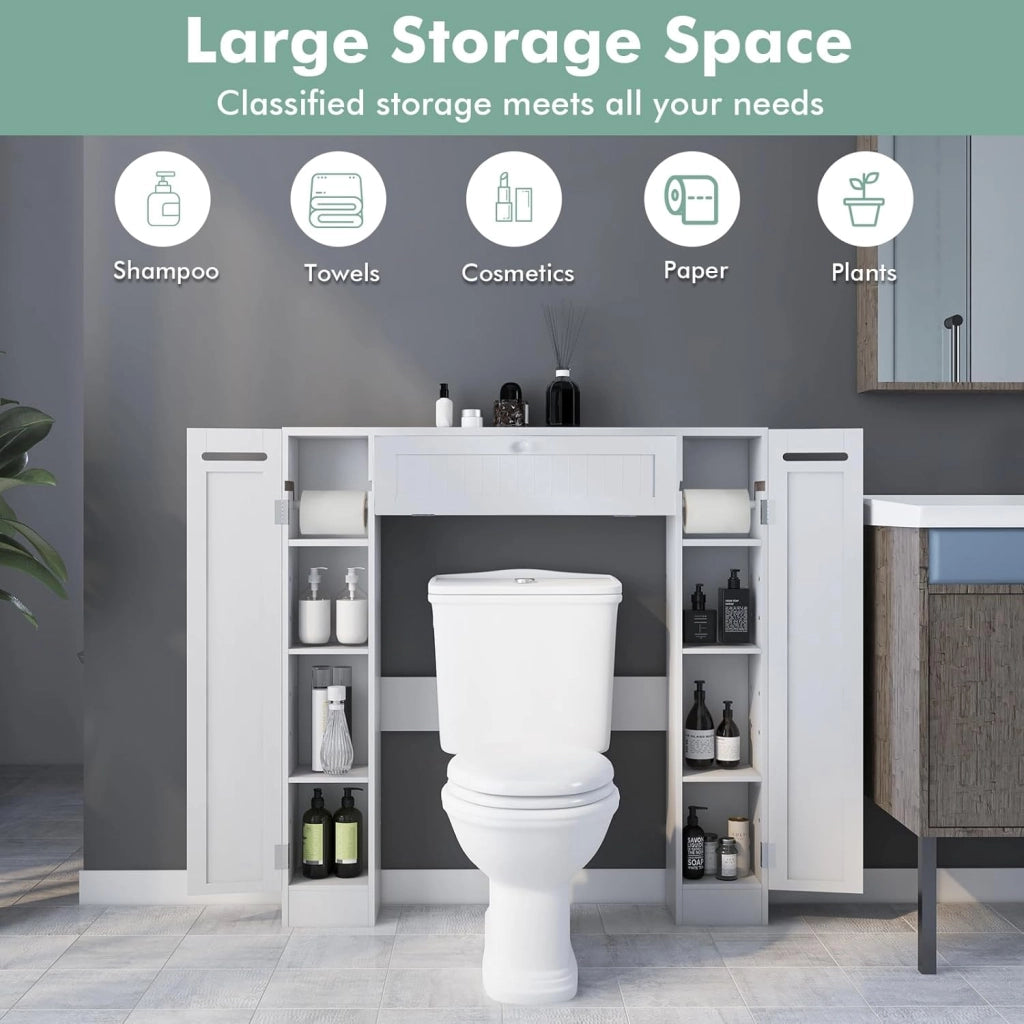 Mobile per Lavatrice, Mobile sopra Toilette, Mobiletto Bagno sopra Toilette, Armadietto da Incasso, in Legno, con Anta, Bagno Salvaspazio, con Porta Carta Igienica (Bianco)