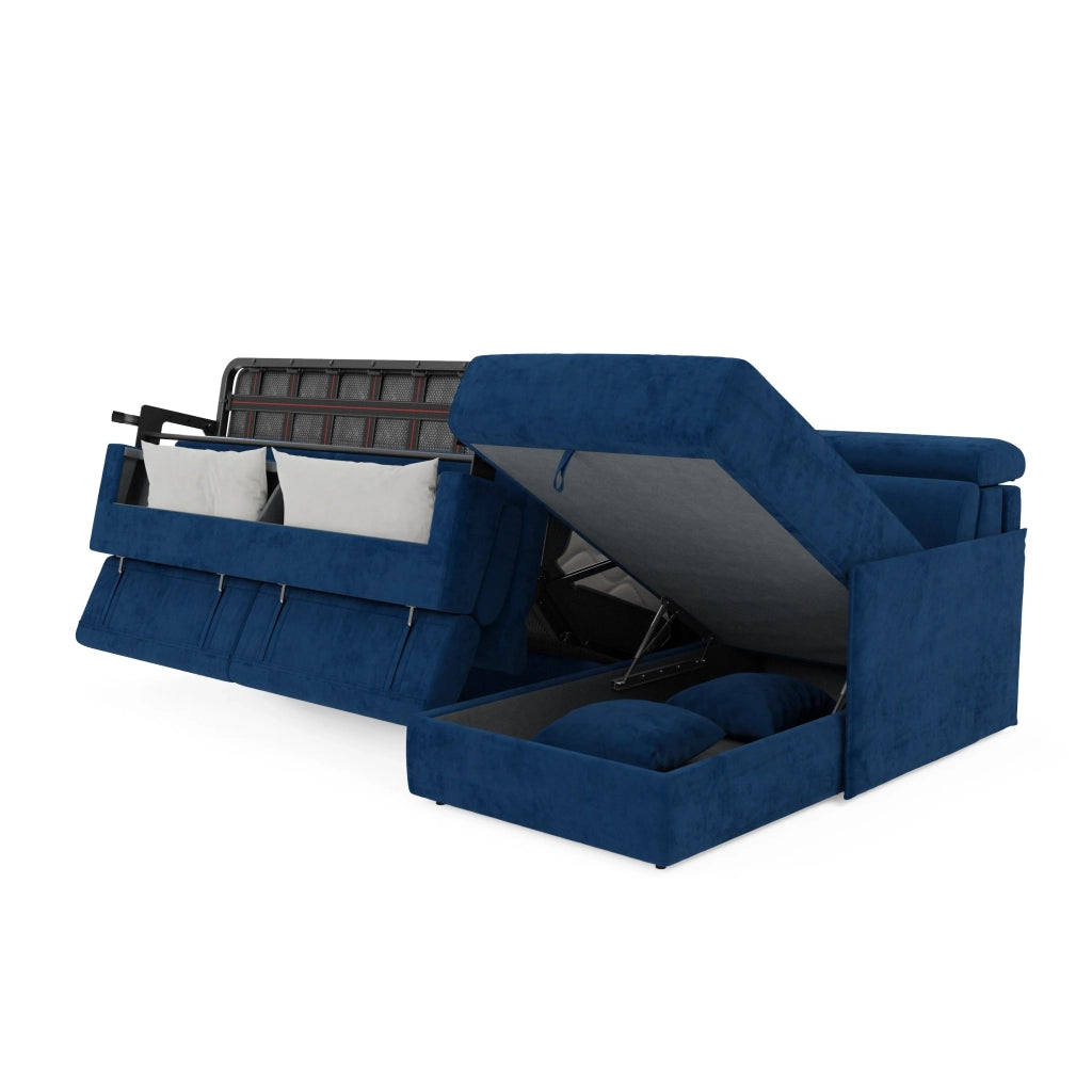 Miryam divano letto angolare compatto - poggiatesta reclinabili e penisola contenitore in tessuto smacchiabile T31 272 cm sinistro blu