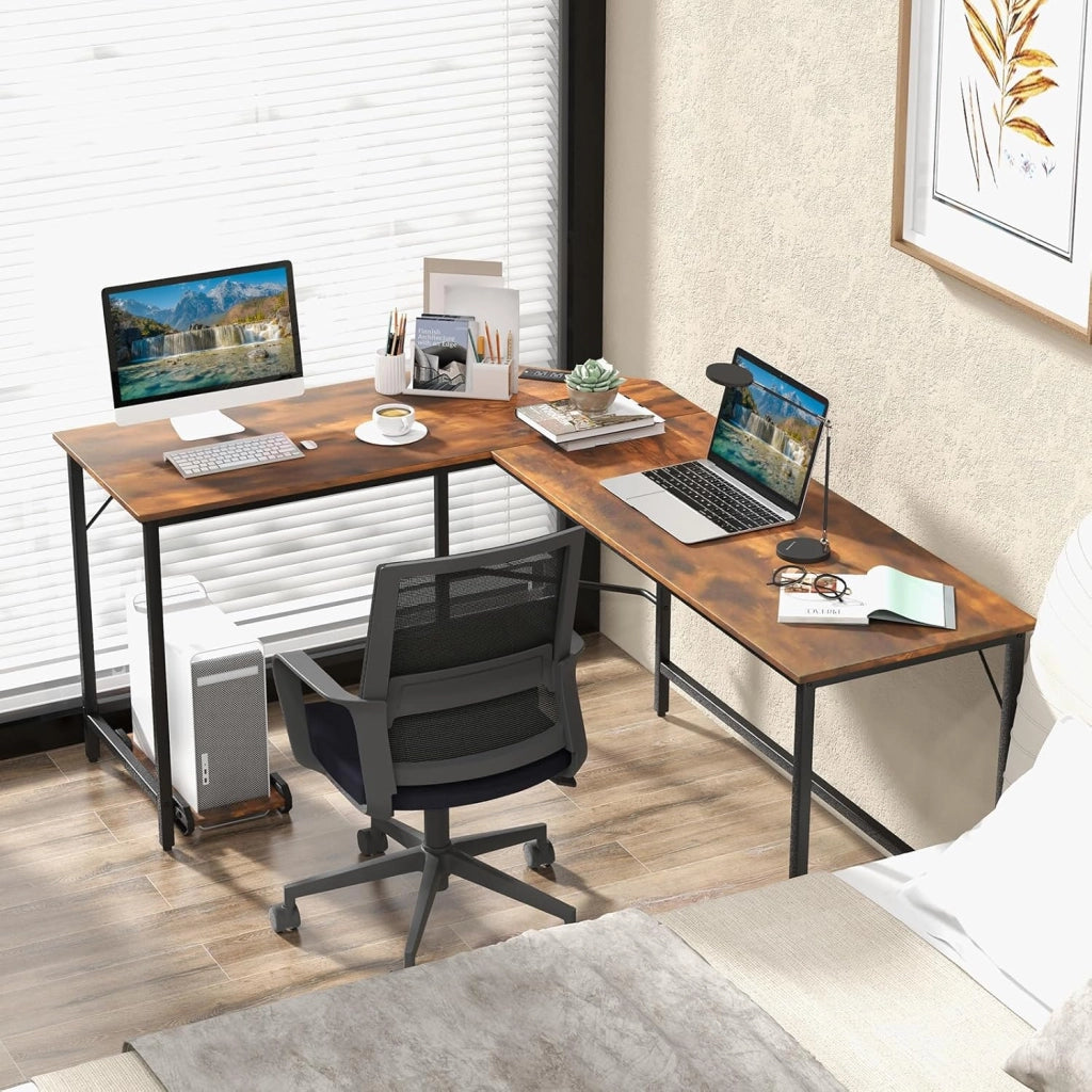 Scrivania angolare per computer, scrivania per computer a forma di L con prese di corrente, supporto per computer, scrivania con porte USB, design poco ingombrante (marrone)