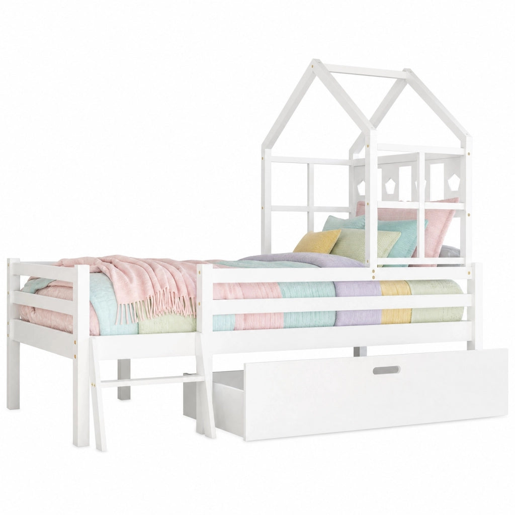Letto a soppalco per bambini in legno massello con scala e cassetto, 90x200 cm, bianco