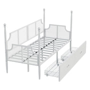 Letto a Divanetto 90x200 cm; Letto Singolo con 2 Cassetti - in Metallo - Bianco