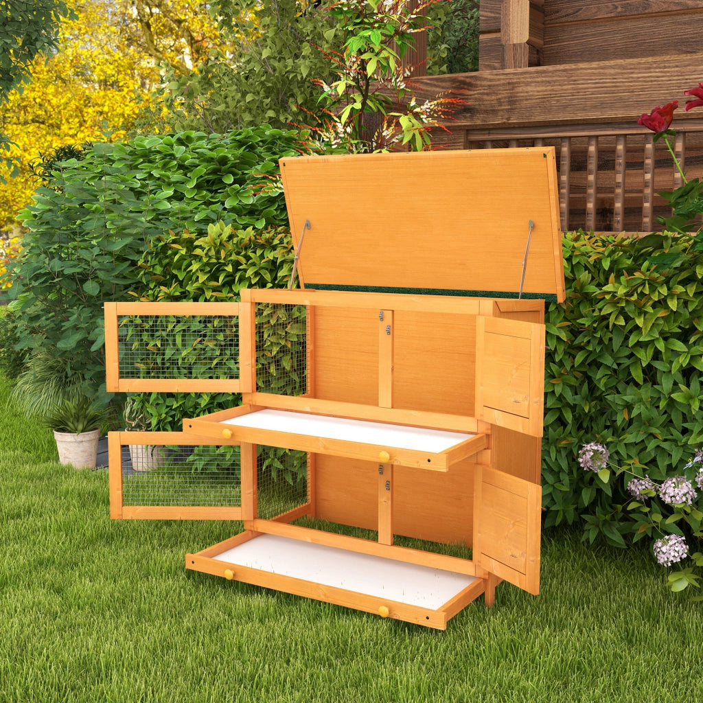 EasyComfort Gabbia a Due Piani per Conigli, Conigliera da Esterno in Legno di Abete, 90x45x90 cm, Legno e Verde