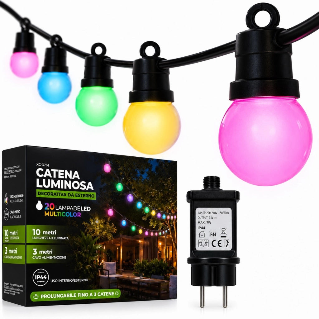 Catena Luminosa LED da Esterno 20 Lampade G50 Luce Multicolore 10 m IP44 Prolungabile Alimentatore Incluso per Giardino Gazebo Terrazza