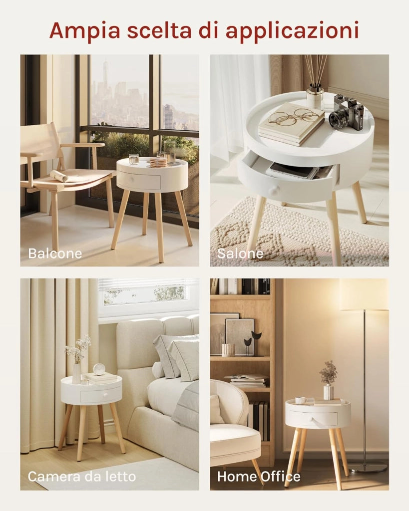 Set di 2 Comodini per Camera da Letto Comodino Rotondo con Cassetto Tavolino da Salotto in Legno Bianco TS111ws-2