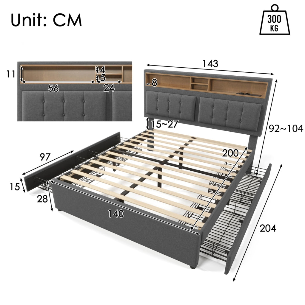 Letto imbottito 140x200 cm con 4 cassetti; testiera regolabile; USB e Type-C; grigio