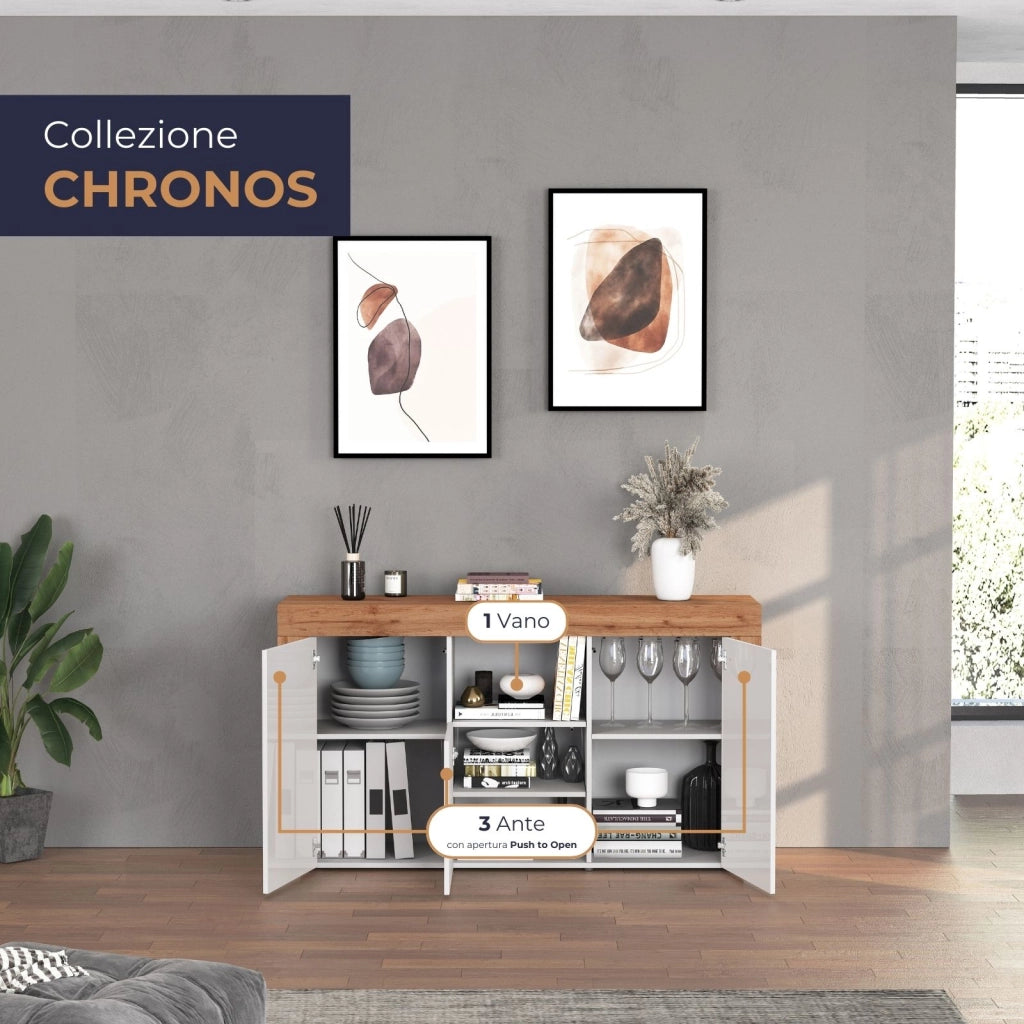 WHOUS Credenza Chronos 3 ante e 1 vano bianco lucido e rovere 155x40x85 cm