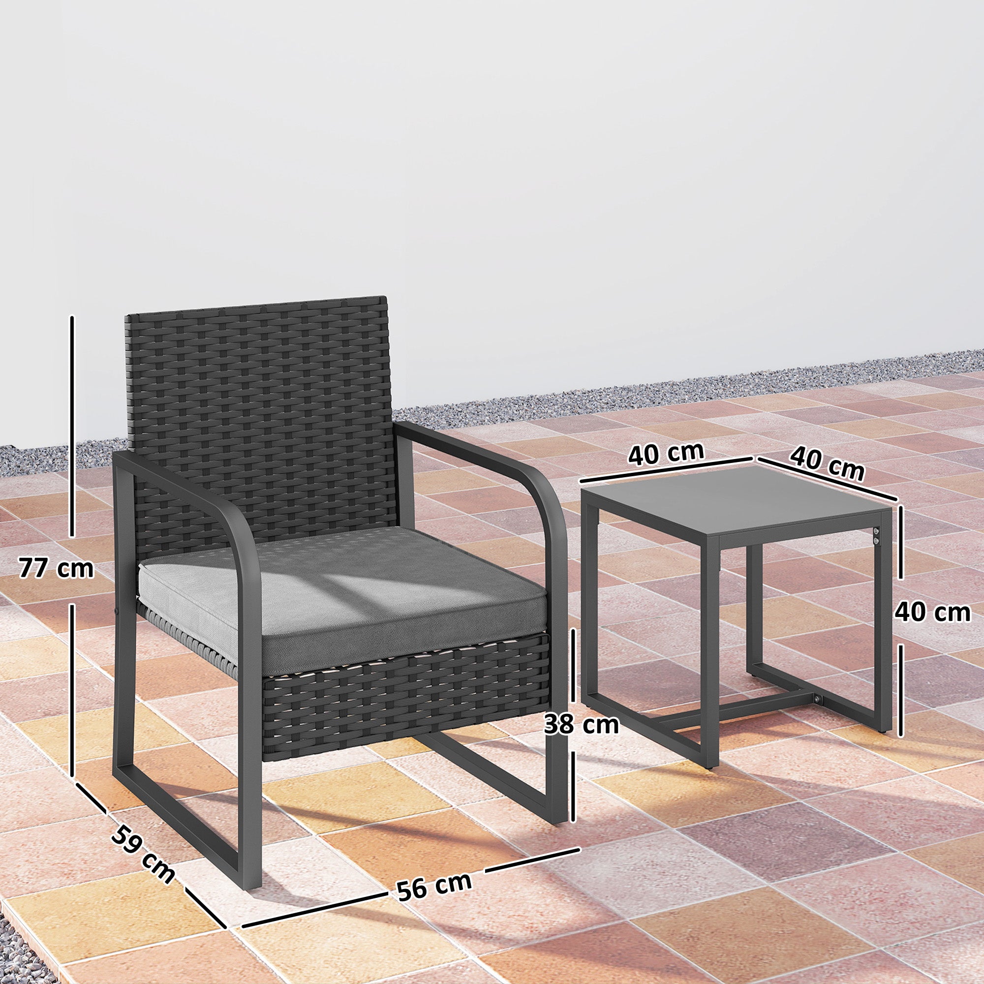Salotto da Giardino con 2 Poltrone da Esterno e Tavolino con Piano in Vetro in Rattan Nero