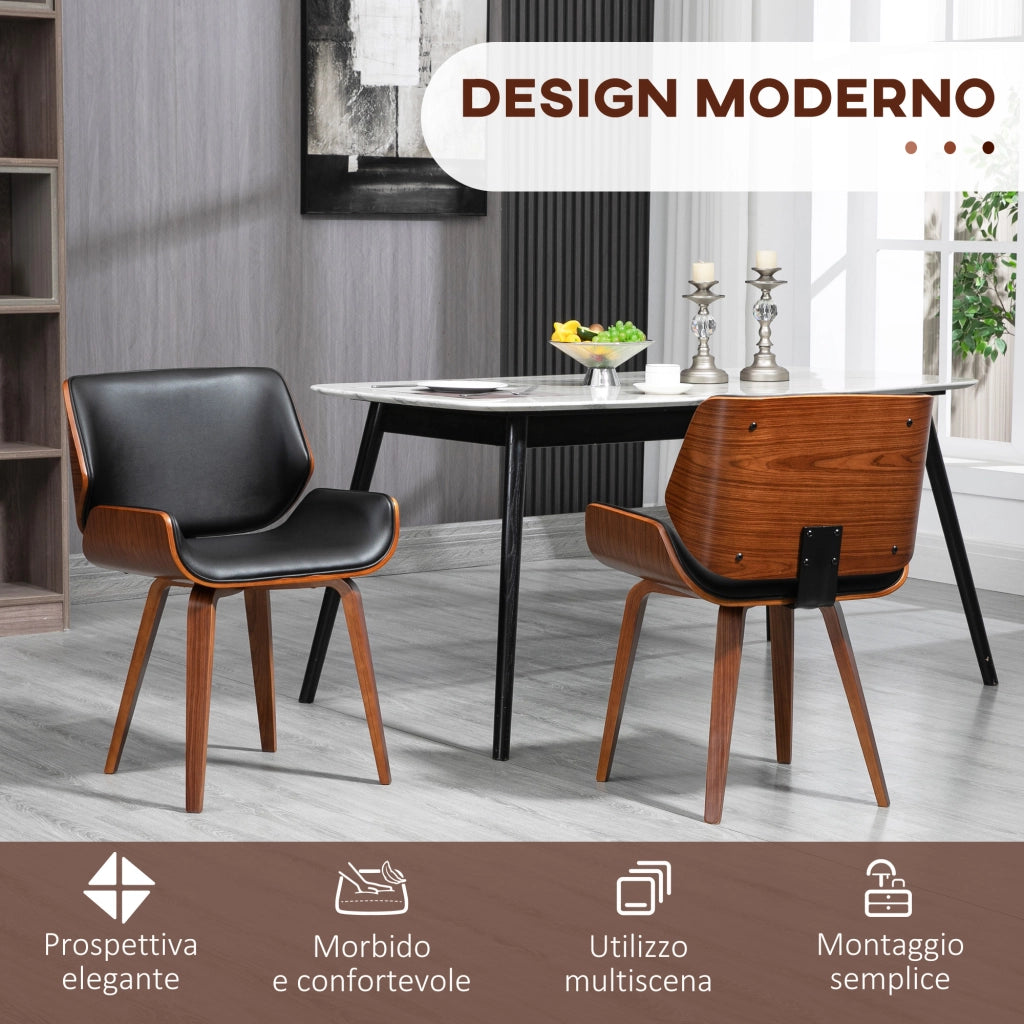 Set di 2 Sedie da Pranzo Stile Vintage Imbottite in Legno e Finta Pelle PU Nero e Marrone