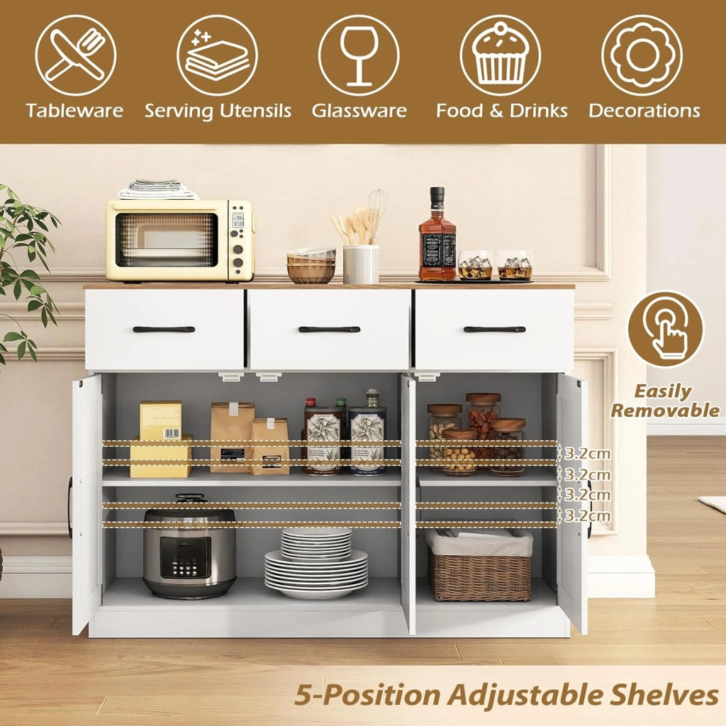 Credenza da Cucina con Ripiano Regolabile, Mobiletto Multiuso con Ante e 3 Cassetti, Mobile Buffet con Kit Antiribaltamento, per Soggiorno, Sala da Pranzo, 108x38x81cm(In 2 Pacchi) (Bianco)
